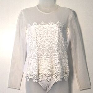 JR NITES, White Lace-Front Long Sleeve Top